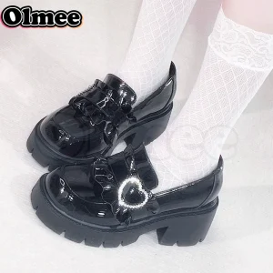 [Olmee] en Stock Jirai Kei mocassins chaussures strass coeur japonais basique noir cuir Lolita mignon Mine Style Kawaii y2k doux