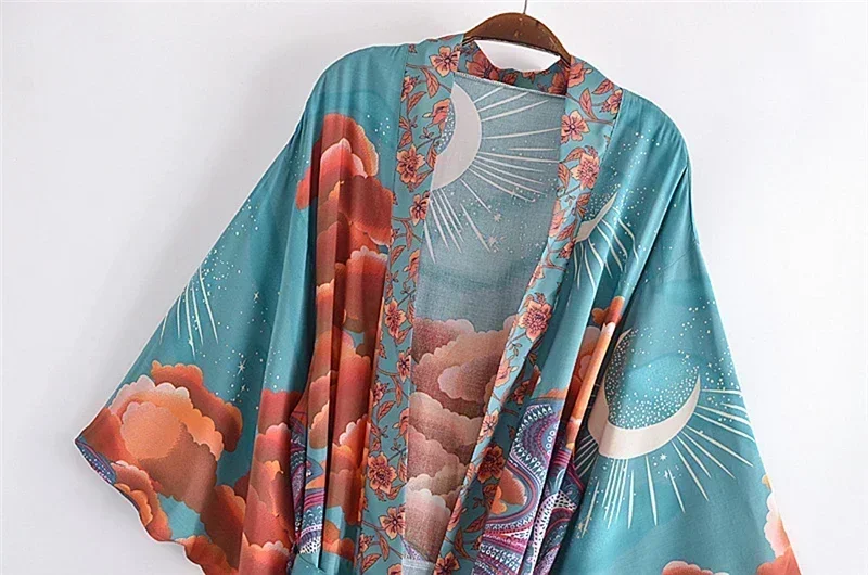 robe kimono à manches chauve souris et col en v pour femme, tenue de plage, style bohème, imprimé floral, Étoile, pour dîner, Été robe kimono à manches chauve souris et col en v pour femme, tenue de plage, style bohème, imprimé floral, Étoile, pour dîner, Été