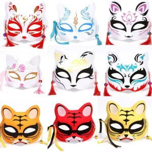 Demi-masque de cosplay de renard japonais pour adultes et enfants, masque de chat anime, accessoires de fête drôles, masque Kabuki Kitsune, masque Tim ade Rave