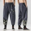 pantalon kimono japonais en coton et lin pour homme, costume de samouraï, imprimé rétro, ceinture, haori at fjj hip hop