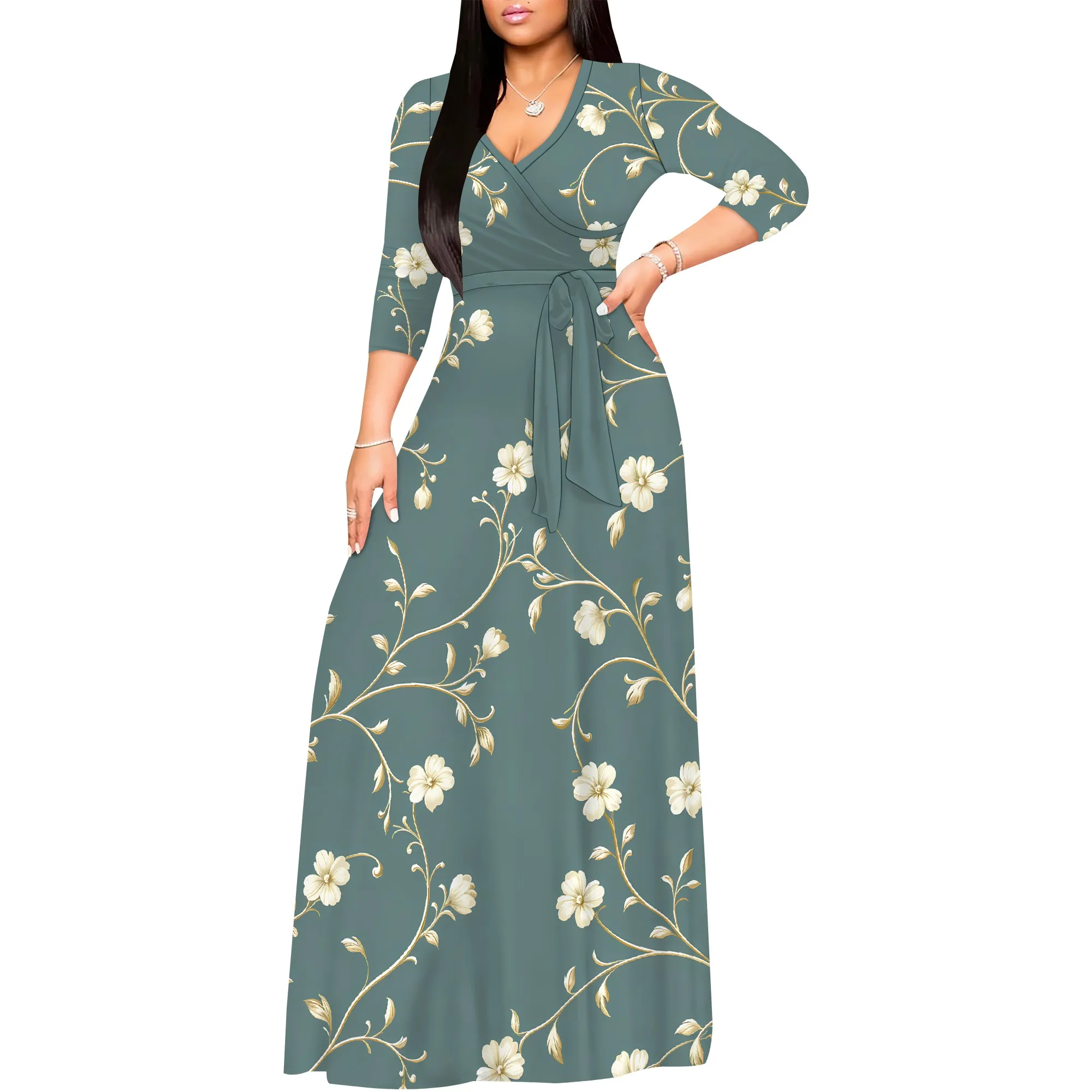 robe longue portefeuille pour femmes, col en v, manches 3/4, taille haute, mi longue, robes d'invitées de mariage élégantes avec ceinture robe longue portefeuille pour femmes, col en v, manches 3/4, taille haute, mi longue, robes d'invitées de mariage élégantes avec ceinture
