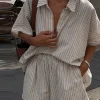 ensemble chemise et short à rayures pour femmes, ample, simple boutonnage, haut à manches courtes, taille haute, cordon de serrage, pantalon court, vêtements de plage, été 2025
