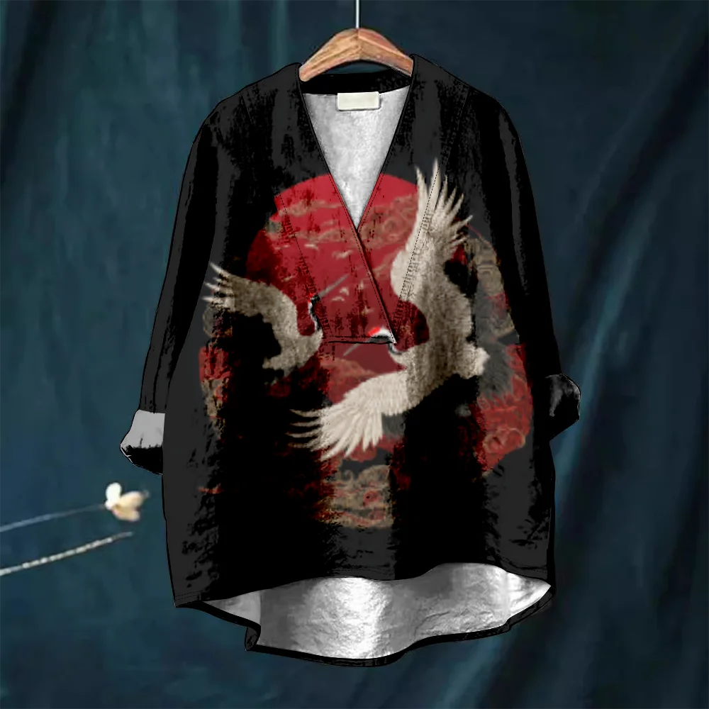 harajuku japonais grue imprimé femmes décontracté col en v chemise rétro floral kimono blouse hipster vintage chemises été confortable hauts harajuku japonais grue imprimé femmes décontracté col en v chemise rétro floral kimono blouse hipster vintage chemises été confortable hauts