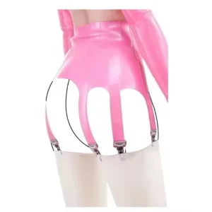 Mini jupe sexy en latex rose avec jarretelles pour bas, fermetures à glissière avant, bas en caoutchouc