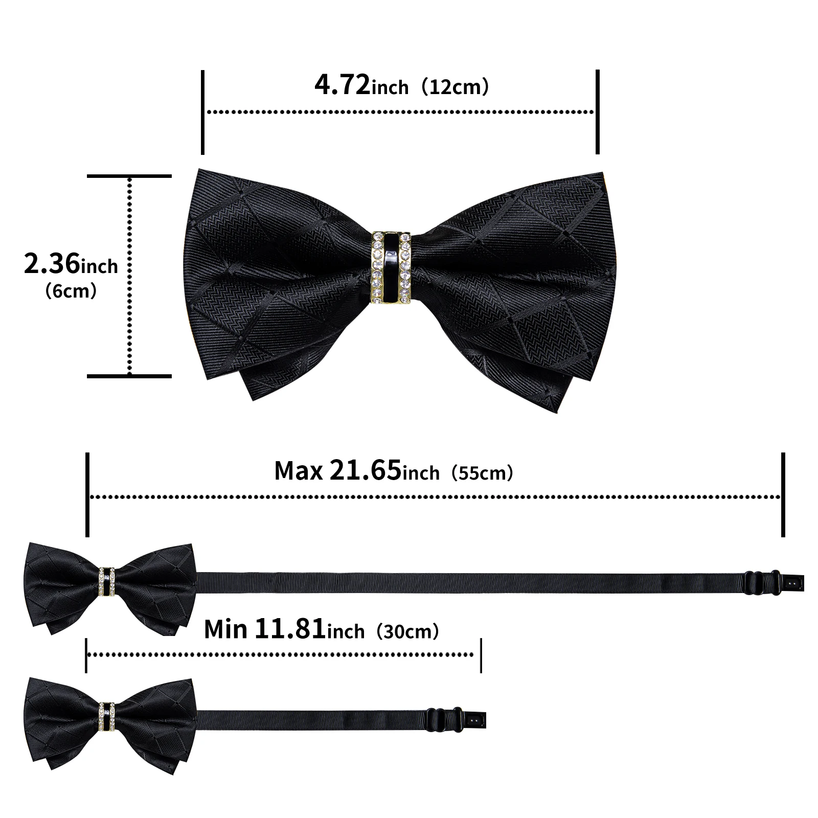 noeud papillon pré attaché noir uni avec demi anneau en diamant, ensemble de boutons de manchette carrés de poche à la mode, fête d'affaires, nœud papillon de luxe pour hommes noeud papillon pré attaché noir uni avec demi anneau en diamant, ensemble de boutons de manchette carrés de poche à la mode, fête d'affaires, nœud papillon de luxe pour hommes