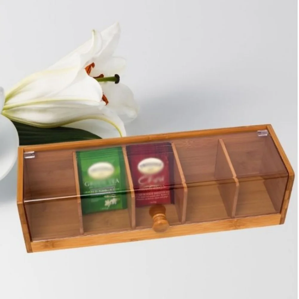 organisateur de stockage de sachets de thé à 5 fentes, boîte de rangement de capsules de café en bambou faite à la main, organisateur transparent et durable d'articles divers de bureau organisateur de stockage de sachets de thé à 5 fentes, boîte de rangement de capsules de café en bambou faite à la main, organisateur transparent et durable d'articles divers de bureau