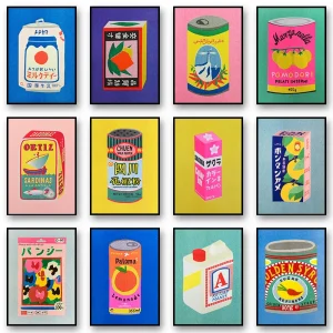 Peinture murale japonaise en forme de fleur de jus de citron rose, sardine et tomate en conserve, affiche nordique et images imprimées, décor de salon