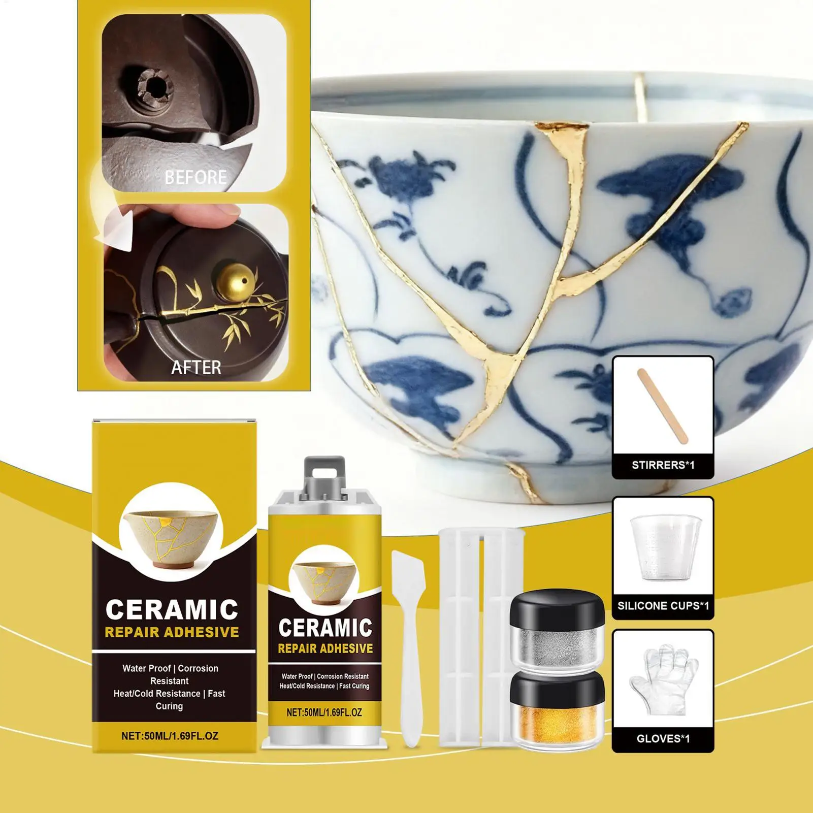 kit de réparation en céramique kintsugi japonais, adhésif doré sûr aux aliments, pour poterie cassée, artisanat d'art, restauration de sculpture de baignoire kit de réparation en céramique kintsugi japonais, adhésif doré sûr aux aliments, pour poterie cassée, artisanat d'art, restauration de sculpture de baignoire