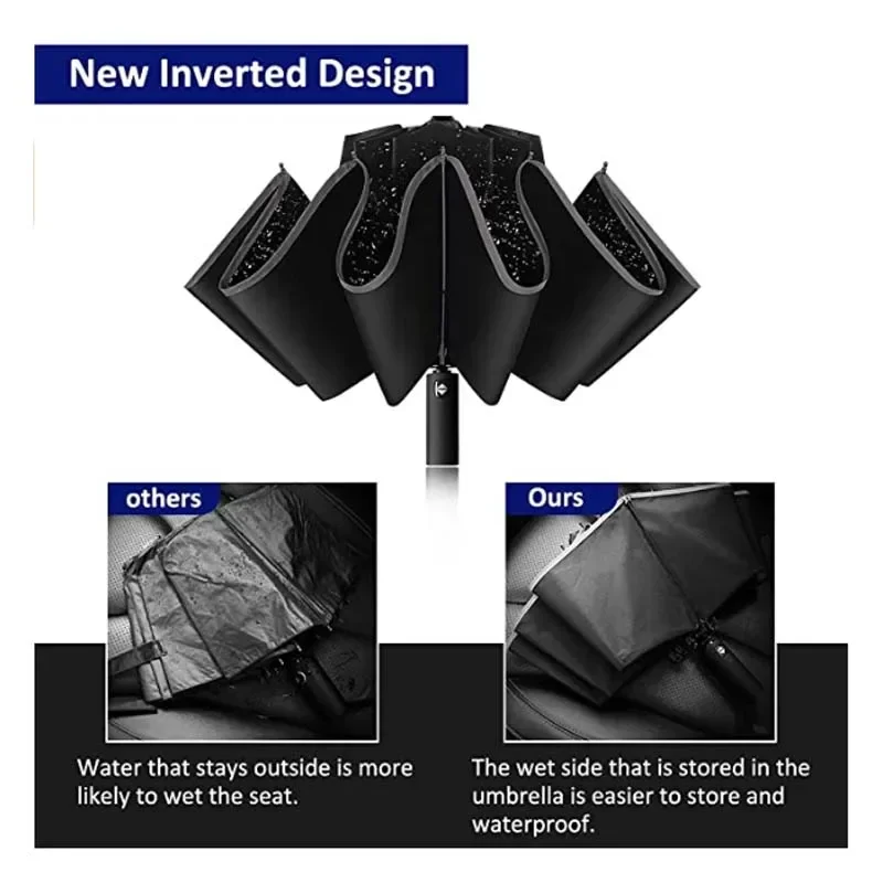 parapluie pliant inversé entièrement automatique pour hommes et femmes, avec bande réfléchissante coupe vent, uv parapluie pliant inversé entièrement automatique pour hommes et femmes, avec bande réfléchissante coupe vent, uv
