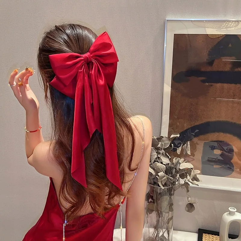 pince à cheveux en ruban à grand nœud rouge pour femmes, élégante, mode simple, solide, queue de cheval en satin, épingle à cheveux, accessoires pour cheveux pour filles pince à cheveux en ruban à grand nœud rouge pour femmes, élégante, mode simple, solide, queue de cheval en satin, épingle à cheveux, accessoires pour cheveux pour filles