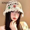 korean handmake bucket hat flower decoration knitted hollow basin hat women's summer thin breathable sunshade sun cap gorras