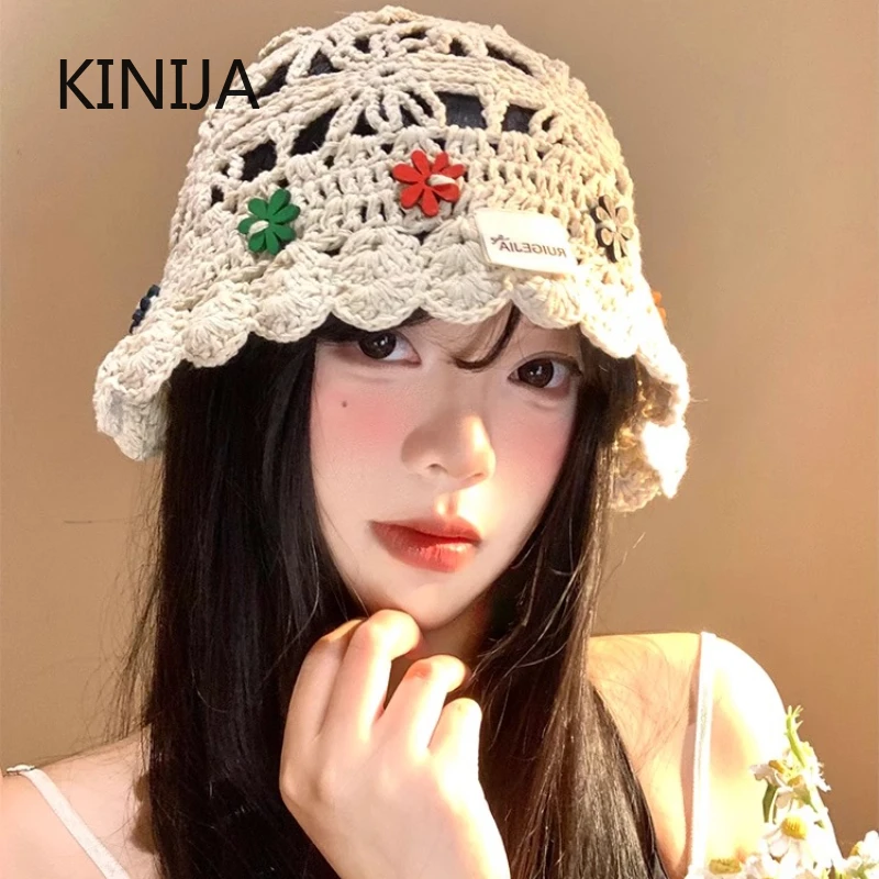 korean handmake bucket hat flower decoration knitted hollow basin hat women's summer thin breathable sunshade sun cap gorras korean handmake bucket hat flower decoration knitted hollow basin hat women's summer thin breathable sunshade sun cap gorras