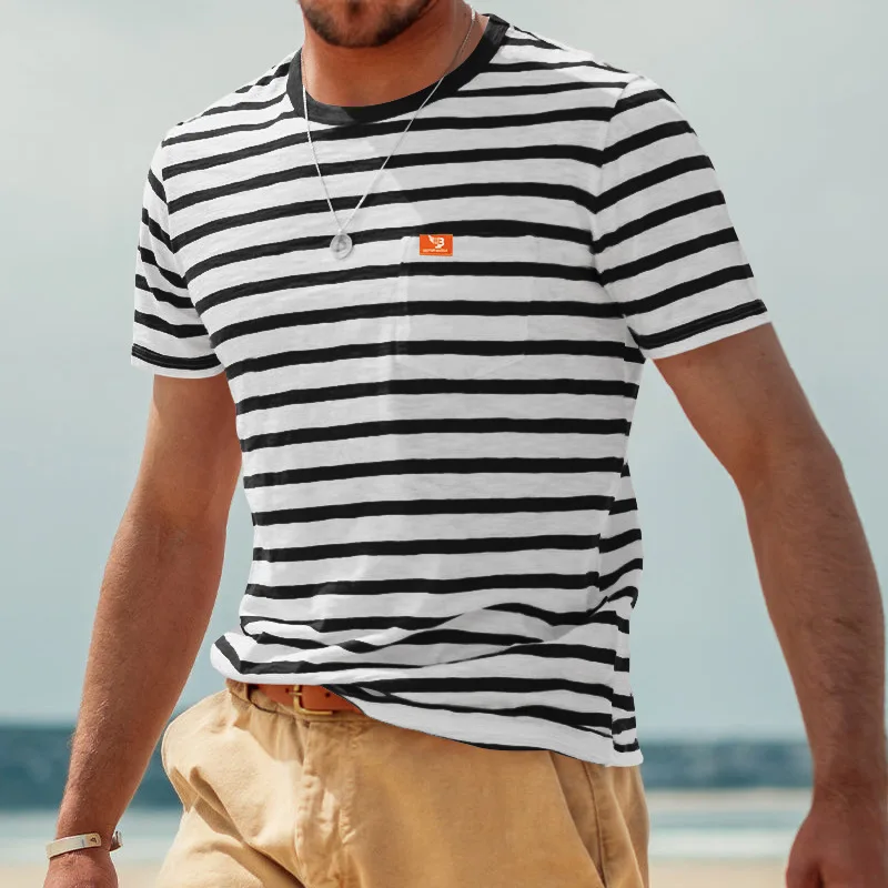 t shirt rayé à manches courtes et col rond pour homme, vêtement décontracté, confortable, respirant, brodé, à la mode, Été, 2024 t shirt rayé à manches courtes et col rond pour homme, vêtement décontracté, confortable, respirant, brodé, à la mode, Été, 2024
