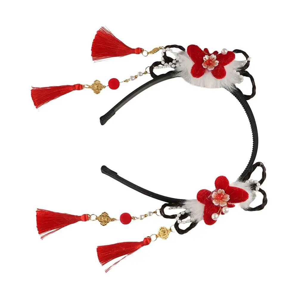 perruque hanfu de style chinois traditionnel, bandeau rouge à pampilles à fleurs anciennes, mignon, perle, couvre chef du nouvel an pour enfants perruque hanfu de style chinois traditionnel, bandeau rouge à pampilles à fleurs anciennes, mignon, perle, couvre chef du nouvel an pour enfants