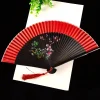 Éventail plié imprimé de fleurs de style chinois, éventail pliant à pampilles rétro exquis, éventail kimono classique portable, accessoires de danse pour dames