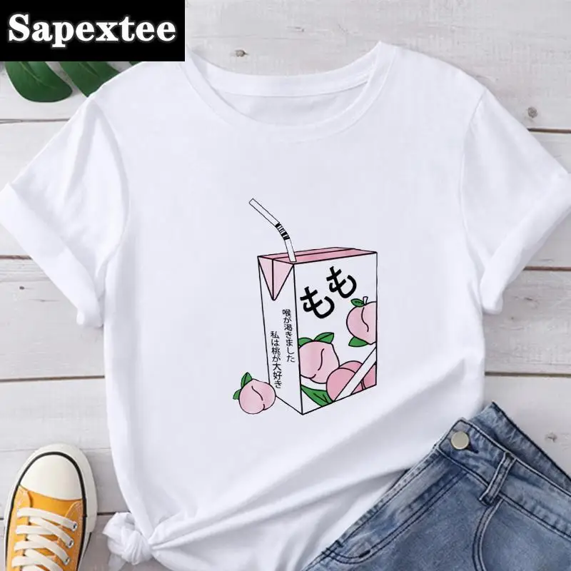 t shirt à manches courtes pour femme, estival et décontracté, à la mode, avec dessin animé japonais kawaii et imprimé jus, harajuku t shirt à manches courtes pour femme, estival et décontracté, à la mode, avec dessin animé japonais kawaii et imprimé jus, harajuku