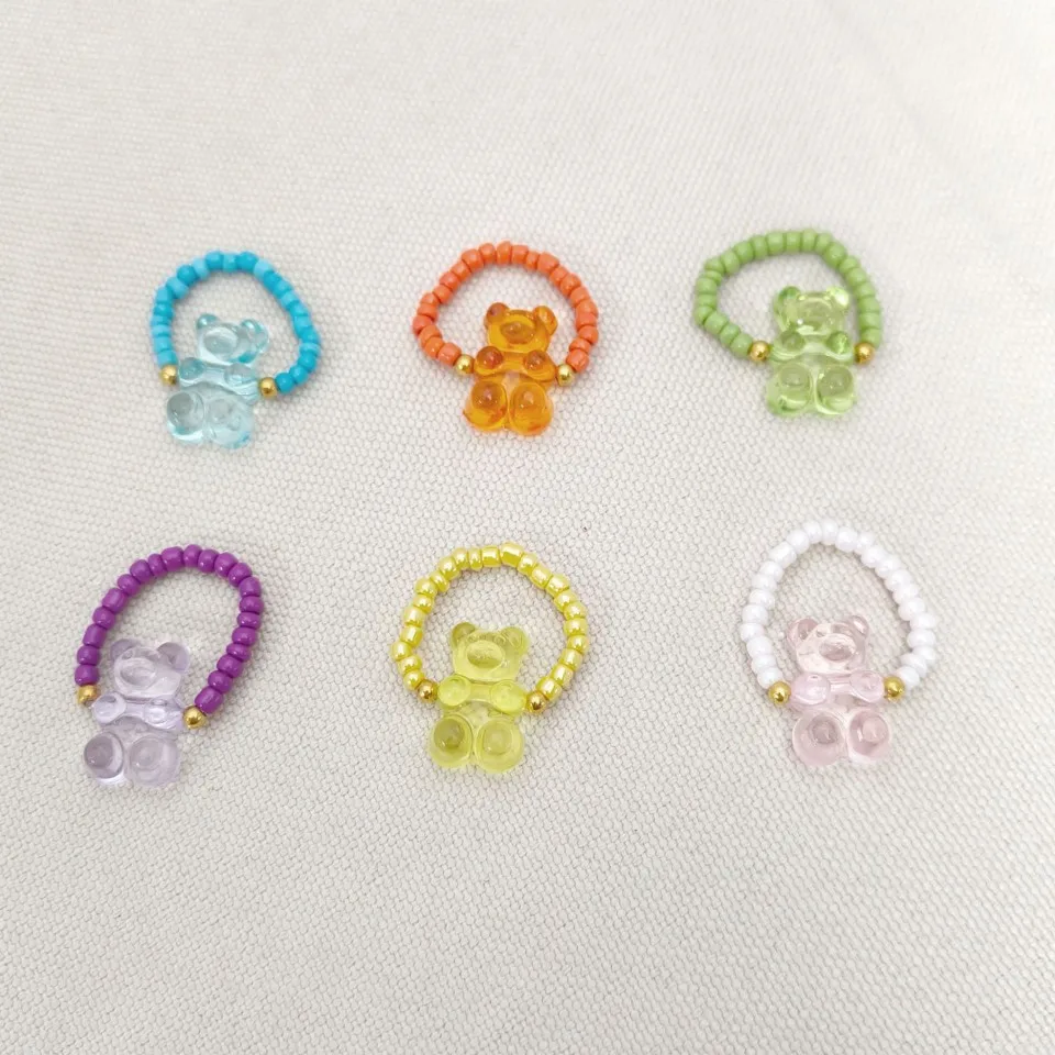 ensemble de 6 pièces ondulées coréennes, couleur gelée y2k, anneau ours mignon en résine, élasticité réglable, perle de riz, accessoires pour femmes, cadeau, 2025 ensemble de 6 pièces ondulées coréennes, couleur gelée y2k, anneau ours mignon en résine, élasticité réglable, perle de riz, accessoires pour femmes, cadeau, 2025