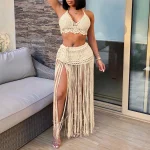 Femmes deux pièces maillot de bain plage couvrir mode couleur unie tricoté taille haute gland jupe longue maillot de bain couvrir Bikini Femmes deux pièces maillot de bain plage couvrir mode couleur unie tricoté taille haute gland jupe longue maillot de bain couvrir Bikini