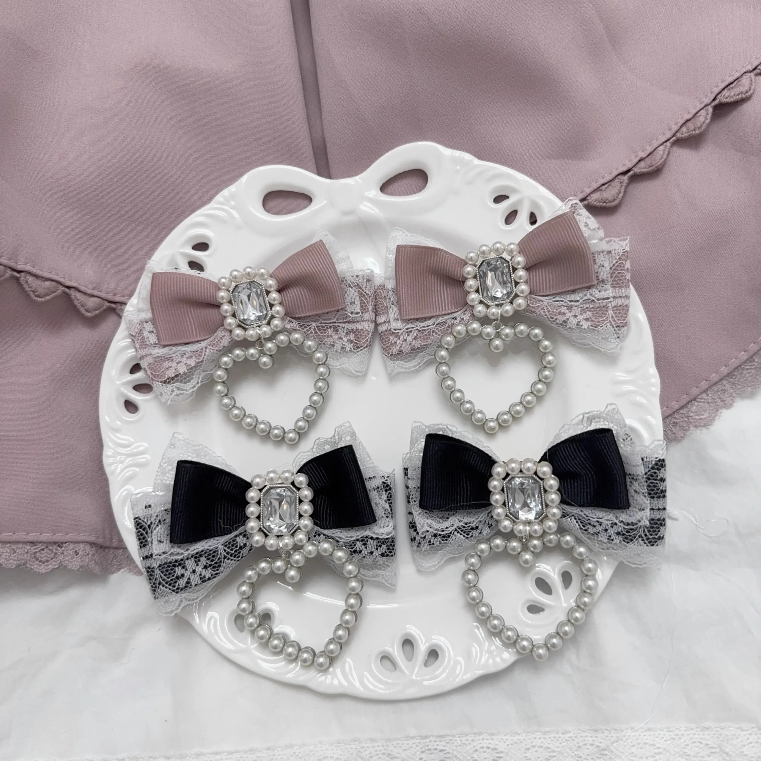 pinces à cheveux gothiques japonaises harajuku, 1 paire, lolita, sous culture y2k, nœud en dentelle de perles, épingle à cheveux, double bord queue de cheval pinces à cheveux gothiques japonaises harajuku, 1 paire, lolita, sous culture y2k, nœud en dentelle de perles, épingle à cheveux, double bord queue de cheval