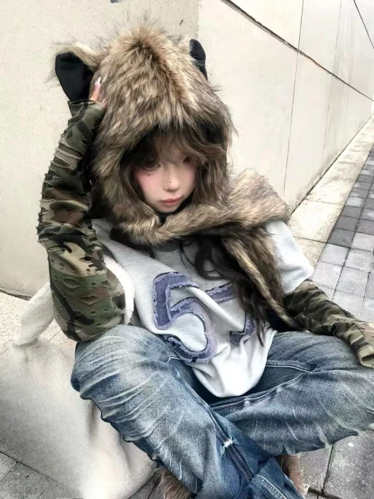 chapeau écharpe en fourrure japonais kawaii pour femme, garde au chaud, mode esthétique y2k, casquette vintage, oreilles d'ours, streetwear grunge, hiver chapeau écharpe en fourrure japonais kawaii pour femme, garde au chaud, mode esthétique y2k, casquette vintage, oreilles d'ours, streetwear grunge, hiver