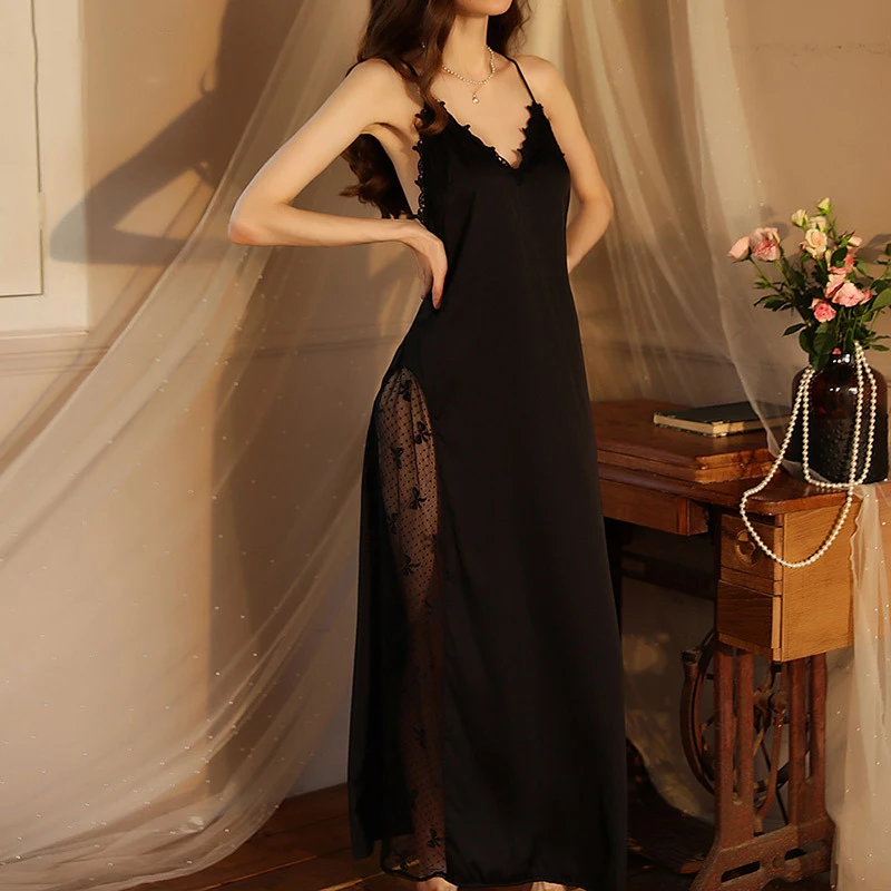 kimono dos nu en satin pour femme, robe de nuit sexy, chemise de nuit en patchwork de dentelle, vêtements de détente ultra longs kimono dos nu en satin pour femme, robe de nuit sexy, chemise de nuit en patchwork de dentelle, vêtements de détente ultra longs