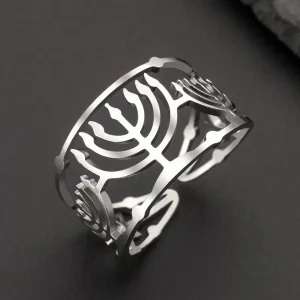 Dawapara – bague Menorah juive, symbole de Jérusalem, Hanukkah Chanukah, cadeau, bijoux juifs, anneaux réglables en acier inoxydable Dawapara – bague Menorah juive, symbole de Jérusalem, Hanukkah Chanukah, cadeau, bijoux juifs, anneaux réglables en acier inoxydable