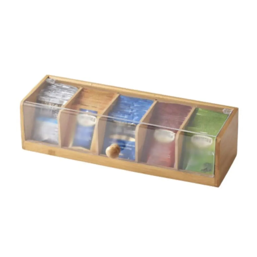 organisateur de stockage de sachets de thé à 5 fentes, boîte de rangement de capsules de café en bambou faite à la main, organisateur transparent et durable d'articles divers de bureau organisateur de stockage de sachets de thé à 5 fentes, boîte de rangement de capsules de café en bambou faite à la main, organisateur transparent et durable d'articles divers de bureau