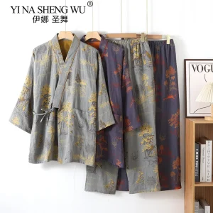 Robes Kimono pour hommes avec pantalons longs, ensemble de pyjamas, vêtements de maison, coton, printemps et automne Robes Kimono pour hommes avec pantalons longs, ensemble de pyjamas, vêtements de maison, coton, printemps et automne