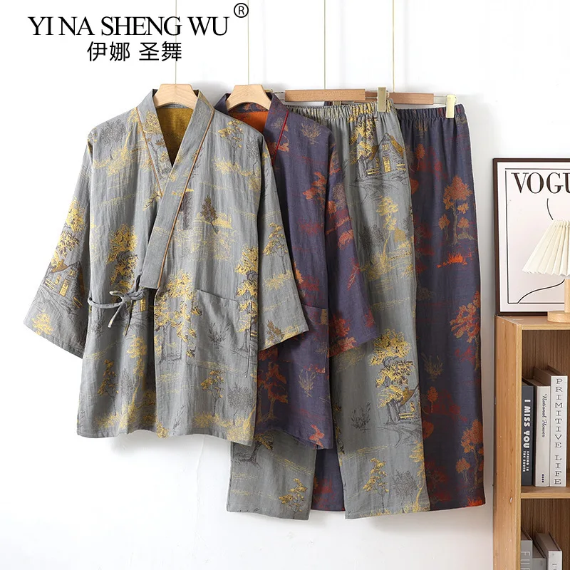 Robes Kimono pour hommes avec pantalons longs, ensemble de pyjamas, vêtements de maison, coton, printemps et automne Robes Kimono pour hommes avec pantalons longs, ensemble de pyjamas, vêtements de maison, coton, printemps et automne