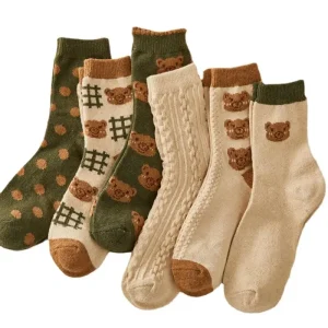 Chaussettes à volants en coton vintage pour femmes, chaussettes mignonnes, chaussettes d&rsquo;équipage, optique japonaise, ours kawaii, rinçage, preppy, automne, 6 paires