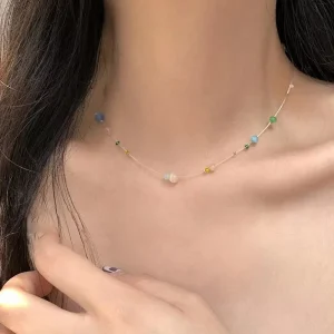 Collier en alliage de Style coréen, résine douce, collier de perles esthétiques, perles colorées, ras du cou pour fille, bijoux à la mode