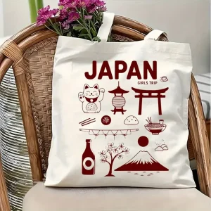 Sac fourre-tout en toile Japan Trip – Sac à bandoulière en toile avec icônes et monuments japonais pour sacs à main de voyage et de shopping pour filles Sac fourre-tout en toile Japan Trip – Sac à bandoulière en toile avec icônes et monuments japonais pour sacs à main de voyage et de shopping pour filles