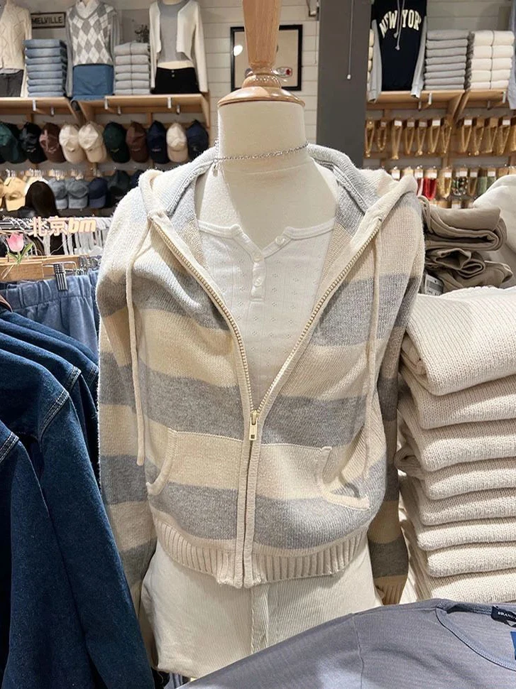 Pull court tricoté rayé pour femme, Cardigan à manches longues, capuche, fermeture éclair, court, Streetwear, Y2K, haut court, automne Pull court tricoté rayé pour femme, Cardigan à manches longues, capuche, fermeture éclair, court, Streetwear, Y2K, haut court, automne