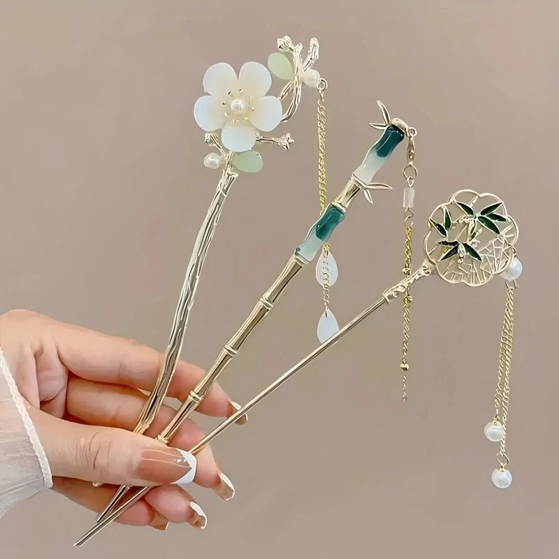 pince à cheveux classique de style chinois, bâton à pompon, design floral traditionnel, accessoire de coiffure, bijoux pour femmes, épingle à cheveux pince à cheveux classique de style chinois, bâton à pompon, design floral traditionnel, accessoire de coiffure, bijoux pour femmes, épingle à cheveux
