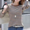 T-shirt rayé en coton à manches longues pour femmes, haut décontracté à col rond, vêtements coréens, automne T-shirt rayé en coton à manches longues pour femmes, haut décontracté à col rond, vêtements coréens, automne