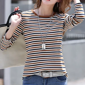 T-shirt rayé en coton à manches longues pour femmes, haut décontracté à col rond, vêtements coréens, automne T-shirt rayé en coton à manches longues pour femmes, haut décontracté à col rond, vêtements coréens, automne