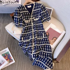 Robes vintage pour femmes, col en v, manches bouffantes, tunique imprimée, robe éducative coréenne, robe maxi élégante, été 2023