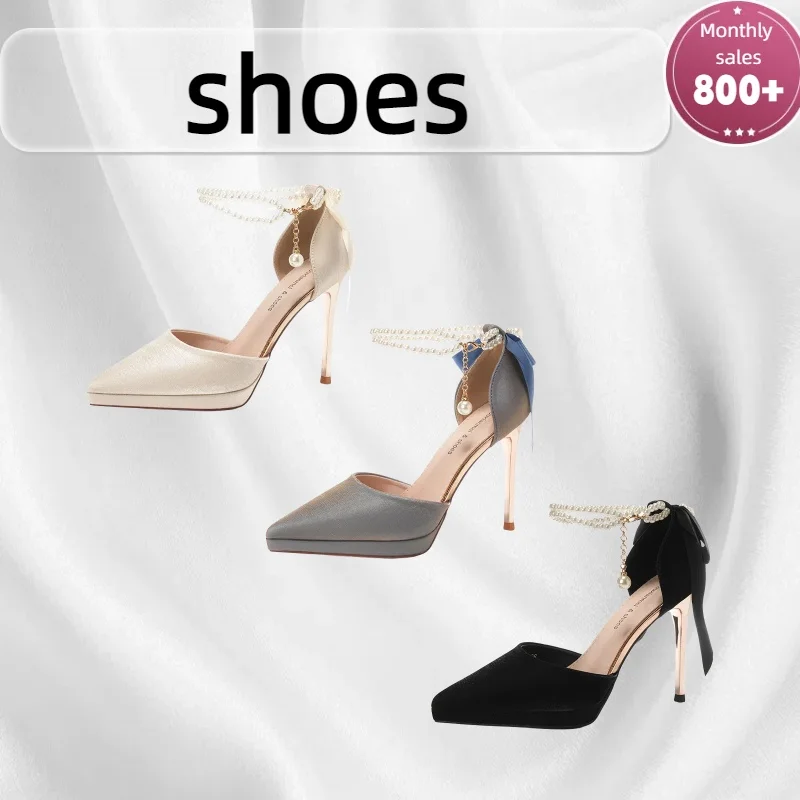  Sandales creuses élégantes pour femmes, talons aiguilles à plateforme, avec nœud en perles, bride à la cheville détachable, talons de travail habillés, 2025 Sandales creuses élégantes pour femmes, talons aiguilles à plateforme, avec nœud en perles, bride à la cheville détachable, talons de travail habillés, 2025 