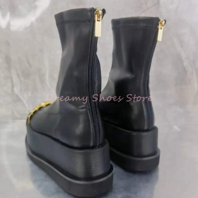 bottines mi mollet à plateforme dorée à cinq orteils pour femme, bottines de luxe en cuir avec fermeture éclair au dos, décoration en métal, mode automne hiver bottines mi mollet à plateforme dorée à cinq orteils pour femme, bottines de luxe en cuir avec fermeture éclair au dos, décoration en métal, mode automne hiver