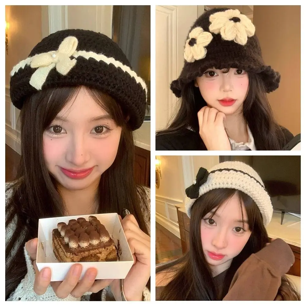 chapeau tricoté à fleurs au crochet de style coréen, ajouré, fait à la main, bonnet tissé à fleurs, mignon et chaud, avec nœud papillon, pour filles chapeau tricoté à fleurs au crochet de style coréen, ajouré, fait à la main, bonnet tissé à fleurs, mignon et chaud, avec nœud papillon, pour filles