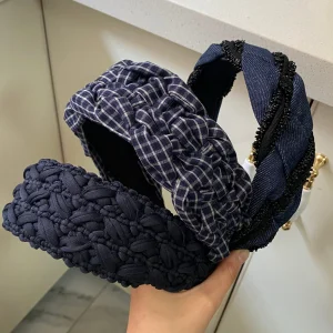 1 pièce de style Ultra Miu! Bandeau large en tissu bleu foncé tricoté à la main, bandeau de mode rétro de Style coréen pour augmenter le Volume de la couronne 1 pièce de style Ultra Miu! Bandeau large en tissu bleu foncé tricoté à la main, bandeau de mode rétro de Style coréen pour augmenter le Volume de la couronne