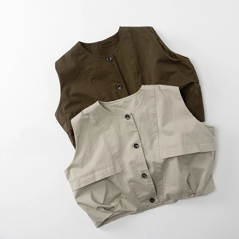 Veste d’automne sans manches pour enfants, style coréen, pour garçons et filles, gilet décontracté, couleur unie, rétro japonais Veste d’automne sans manches pour enfants, style coréen, pour garçons et filles, gilet décontracté, couleur unie, rétro japonais