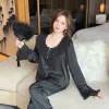 pyjama en soie glacée pour femme, manches longues, mignon, nouveau style, soie fine, à volants, chemise et pantalon, vêtements de détente, printemps automne