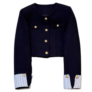 Petite veste de costume bleu marine pour femmes, haut Design d’épissure à la mode française, nouvelle collection automne Petite veste de costume bleu marine pour femmes, haut Design d’épissure à la mode française, nouvelle collection automne