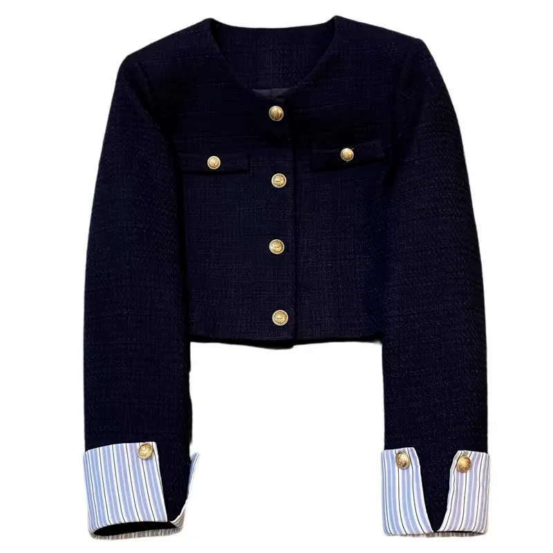 Petite veste de costume bleu marine pour femmes, haut Design d’épissure à la mode française, nouvelle collection automne Petite veste de costume bleu marine pour femmes, haut Design d’épissure à la mode française, nouvelle collection automne