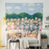 décoration de chambre japonaise avec lapin dessiné à la main, tenture murale, tapisserie, illustration, mignon, sonramé, anime, ado, indie, chambre à coucher