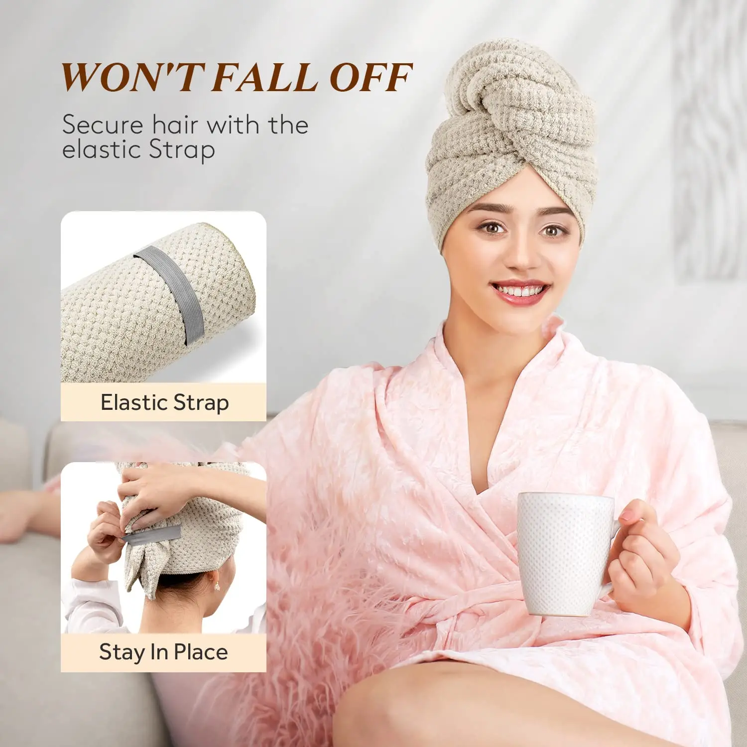 serviette pour cheveux en microfibre, enveloppe extra large, séchage rapide, avec bande élastique, serviette pour cheveux douce ultra absorbante, turban enveloppant serviette pour cheveux en microfibre, enveloppe extra large, séchage rapide, avec bande élastique, serviette pour cheveux douce ultra absorbante, turban enveloppant