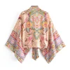 boho queens vintage imprimé fleuri ceintures court kimono femmes nouvelle mode col en v manches chauve souris dames robe de plage couvertures