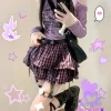 ensemble deux pièces gothique japonais harajuku y2k pour femmes, sweat à capuche rayé à épaules dénudées + jupes à gâteau à carreaux punk, ensemble de sous culture pour fille chaude