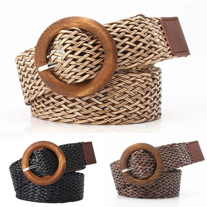 Ceinture de taille tressée noir café femme ceinture Vintage Boho ronde en bois boucle lisse fausse paille larges ceintures sangle de taille pour les femmes Ceinture de taille tressée noir café femme ceinture Vintage Boho ronde en bois boucle lisse fausse paille larges ceintures sangle de taille pour les femmes